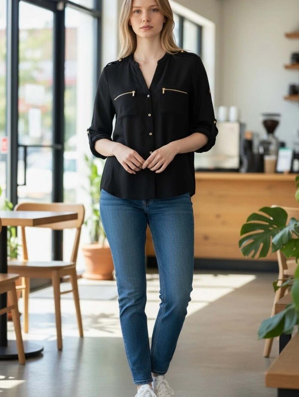 Calvin Klein Black Zip-Pocket Button Front Women's Top Size Medium